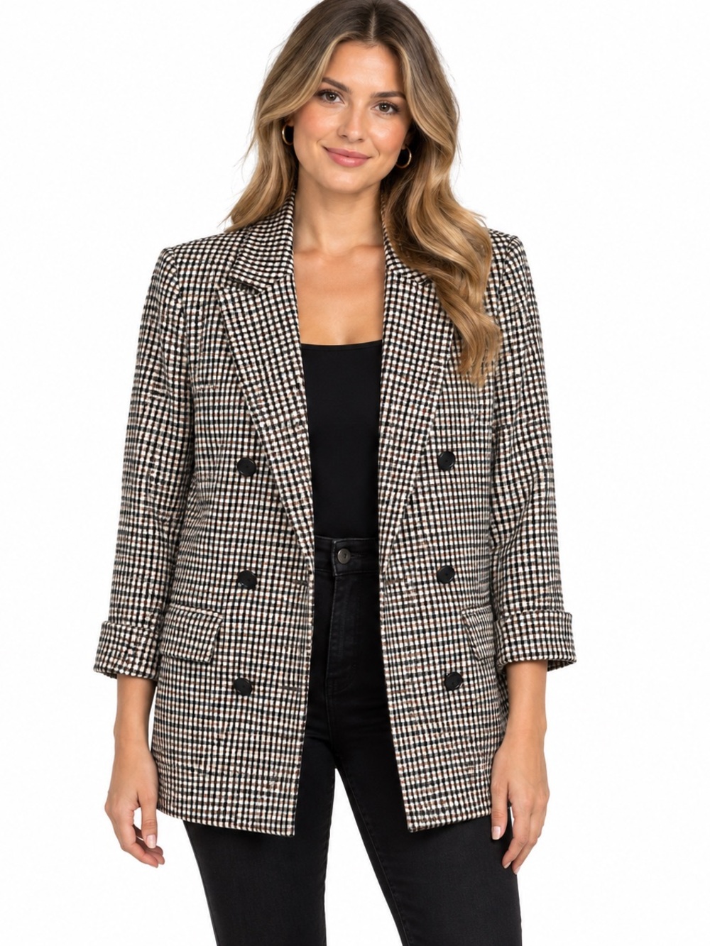 Bershka Black & White Gingham Open Front Blazer Jacket Size Small